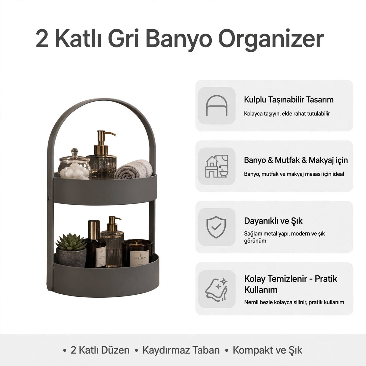 3D Baskı İki Katlı Banyo Düzenleyici - Taşınabilir Organizer ve Saklama Standı-Gri - n