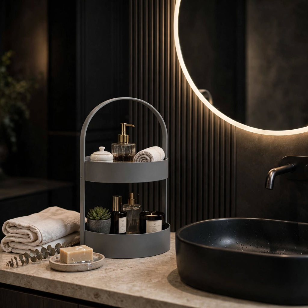 3D Baskı İki Katlı Banyo Düzenleyici - Taşınabilir Organizer ve Saklama Standı-Gri - n