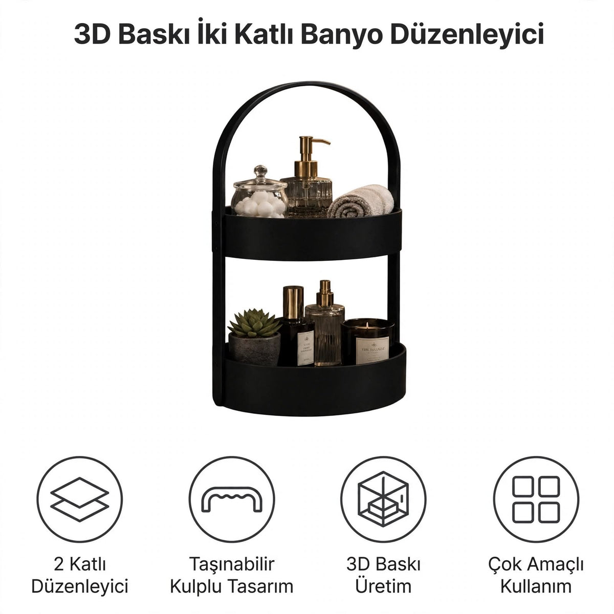 3D Baskı İki Katlı Banyo Düzenleyici - Taşınabilir Organizer ve Saklama Standı-Siyah - n