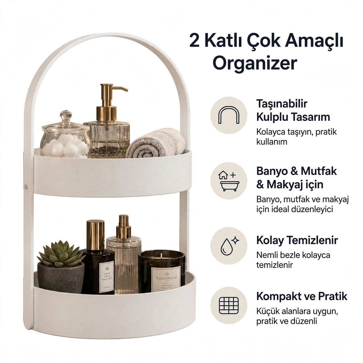 3D Baskı İki Katlı Banyo Düzenleyici - Taşınabilir Organizer ve Saklama Standı-Beyaz - n