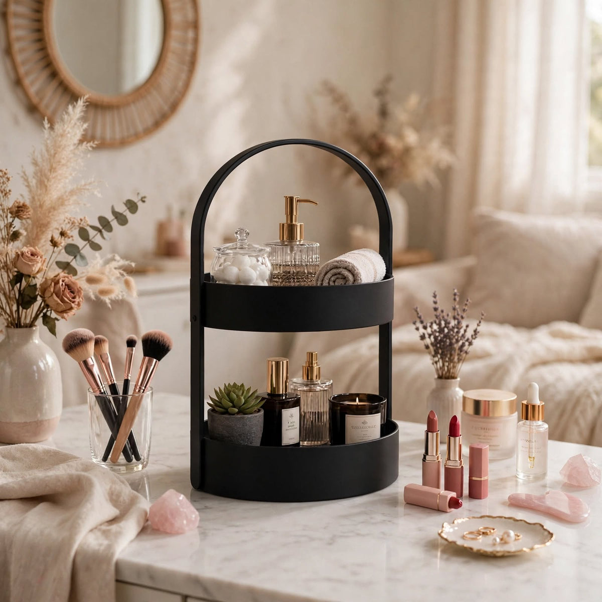 3D Baskı İki Katlı Banyo Düzenleyici - Taşınabilir Organizer ve Saklama Standı-Siyah - n