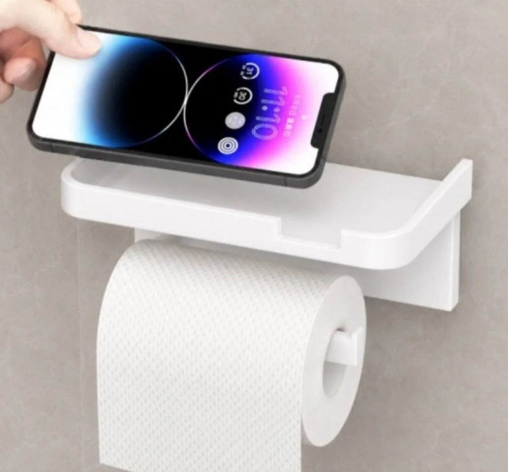 Raflı Yapışkanlı Tuvalet Kağıdı Askılığı – Matkapsız Banyo Organizeri