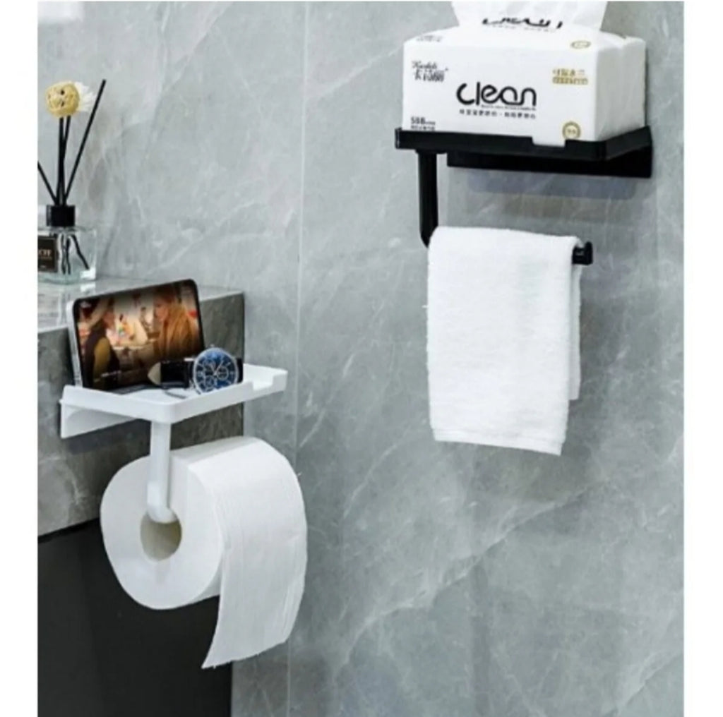 Raflı Yapışkanlı Tuvalet Kağıdı Askılığı – Matkapsız Banyo Organizeri