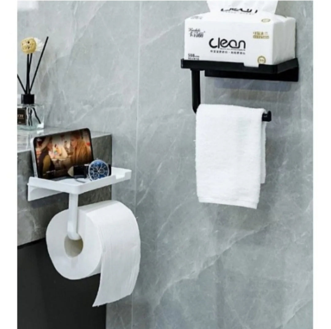 Raflı Yapışkanlı Tuvalet Kağıdı Askılığı – Matkapsız Banyo Organizeri