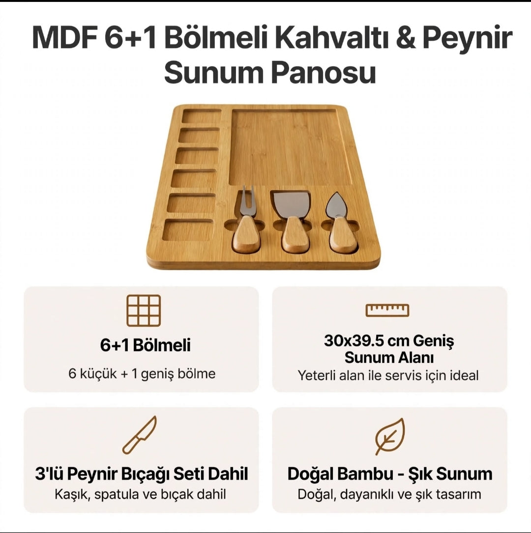 MDF 6+1 Bölmeli Kahvaltı Peynir Sunum Panosu 30x39.5 cm - IMG