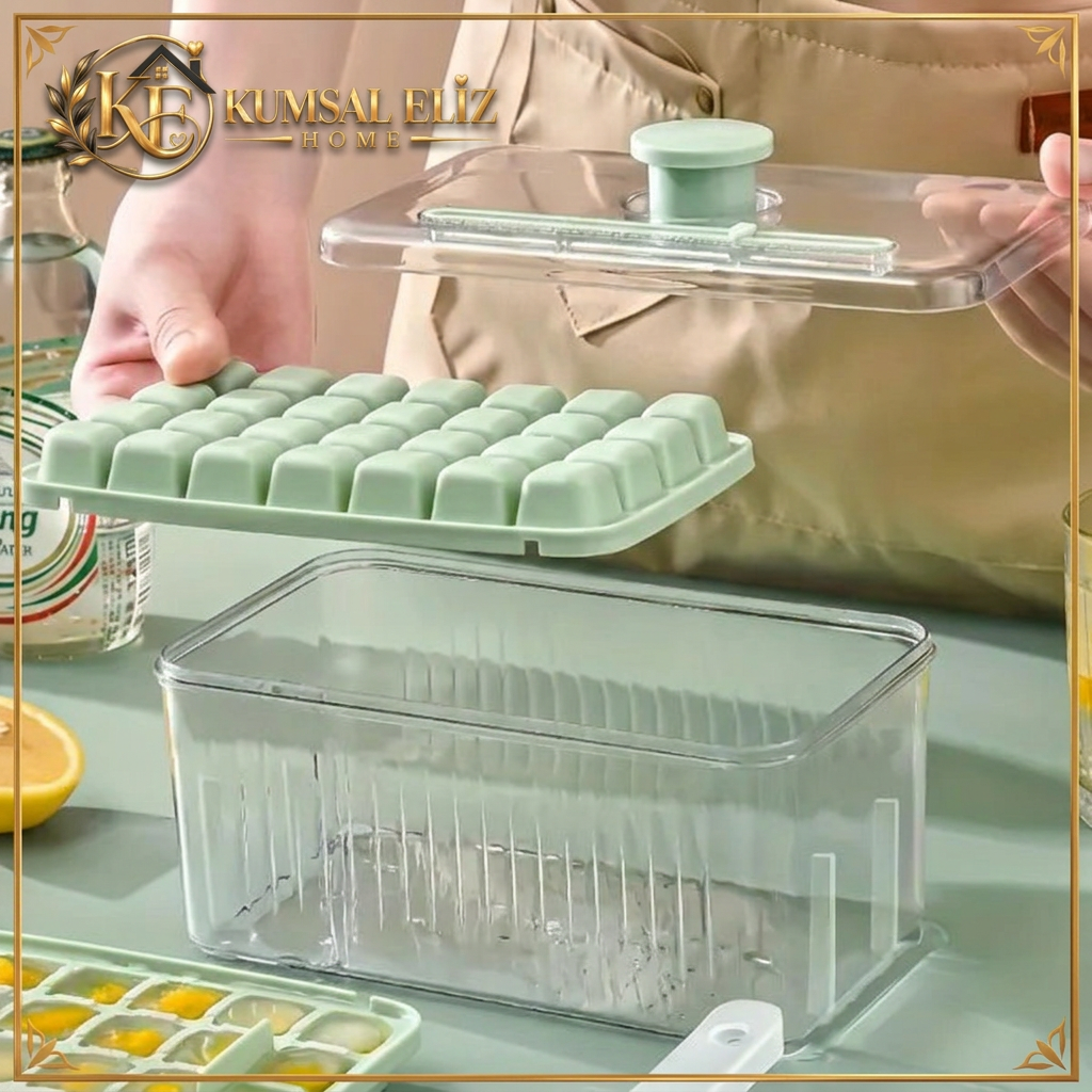 Basmalı hazneli buzluk, mint yeşili kalıp, şeffaf kapak ve saklama haznesi