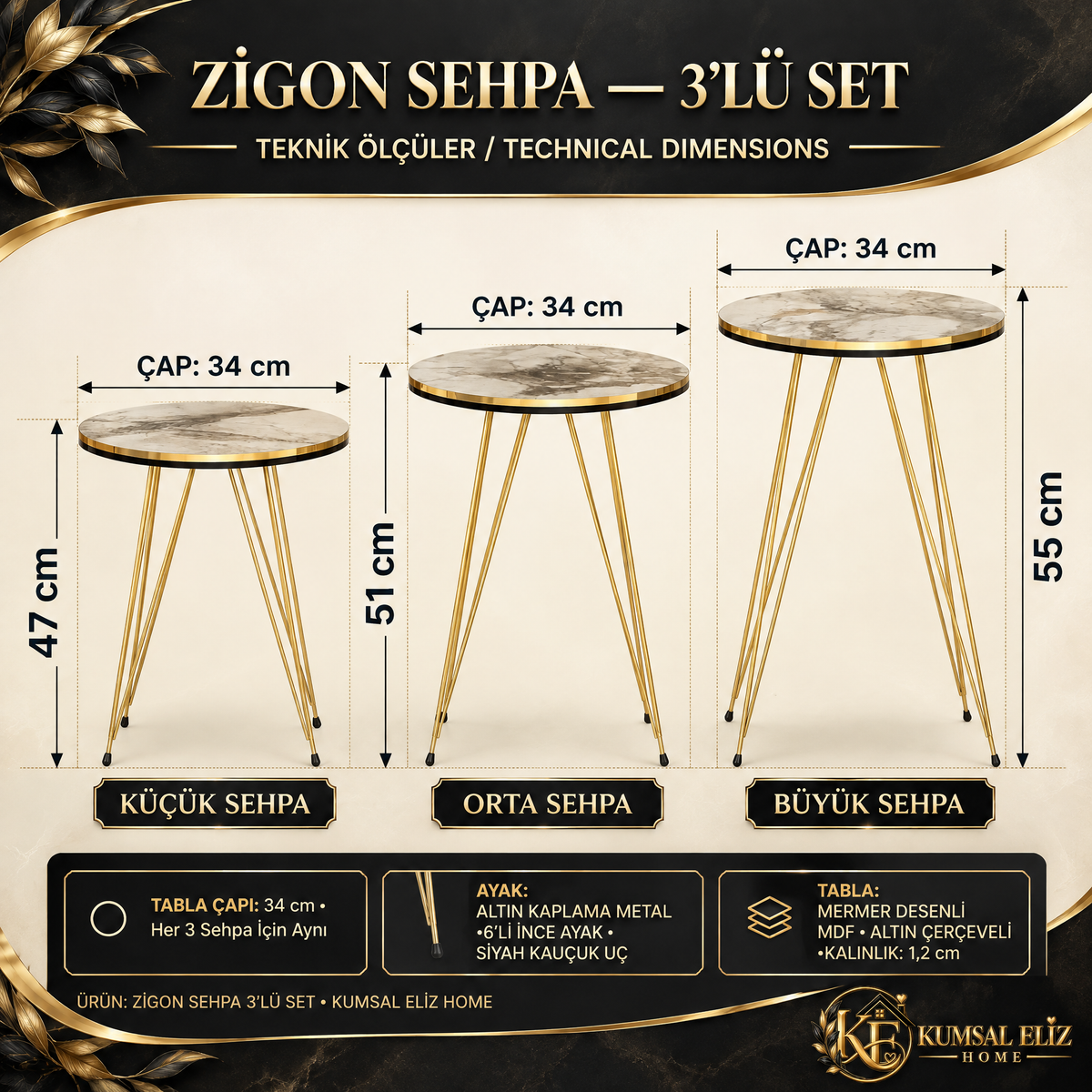 Zigon Sehpa Çift Gold Efes Tel ürün görseli