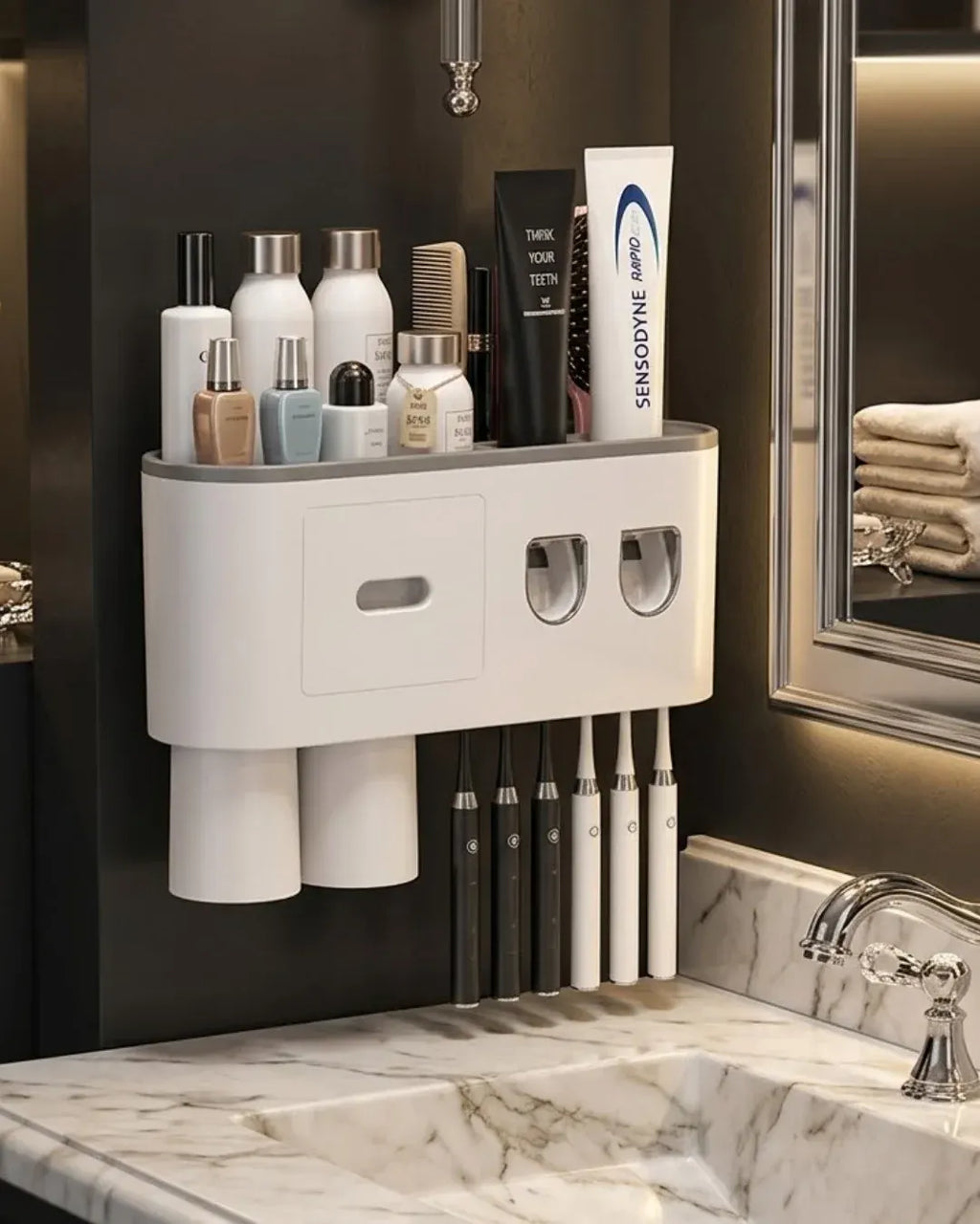Çift Dispenserli Diş Macunu Sıkacağı 6 Fırçalık Bardaklı Banyo Organizer ürün görseli