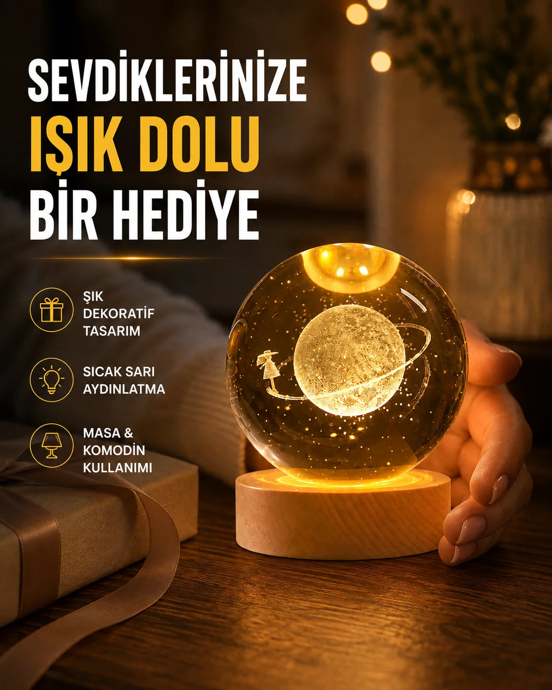 Ahşap Standlı Sarı Işıklı Dekoratif Küre Kız Figürü Tasarım ürün görseli