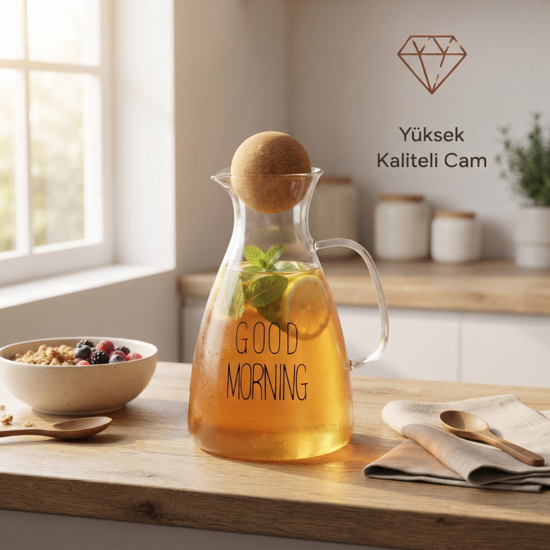 Yuvarlak Mantar Kapaklı Sürahi - 1500 ml - Yüksek Kaliteli Cam ürün görseli