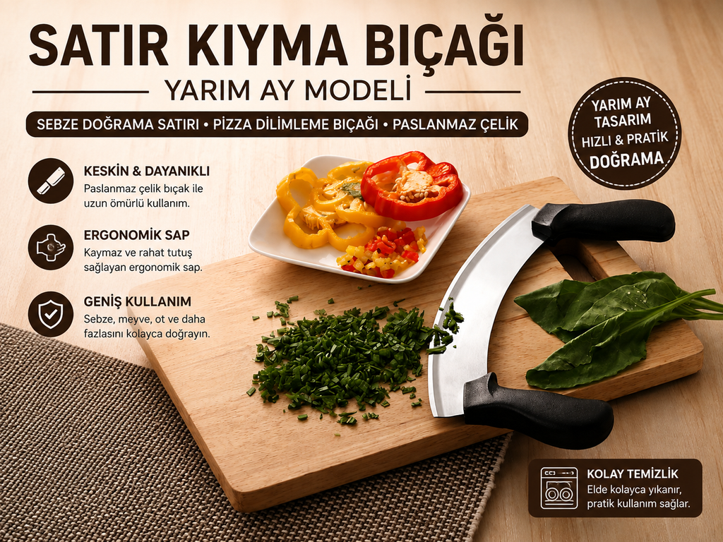 Satır Kıyma Bıçağı – Yarım Ay Modeli | Sebze Doğrama, Kıyma ve Pizza Dilimleme Bıçağı