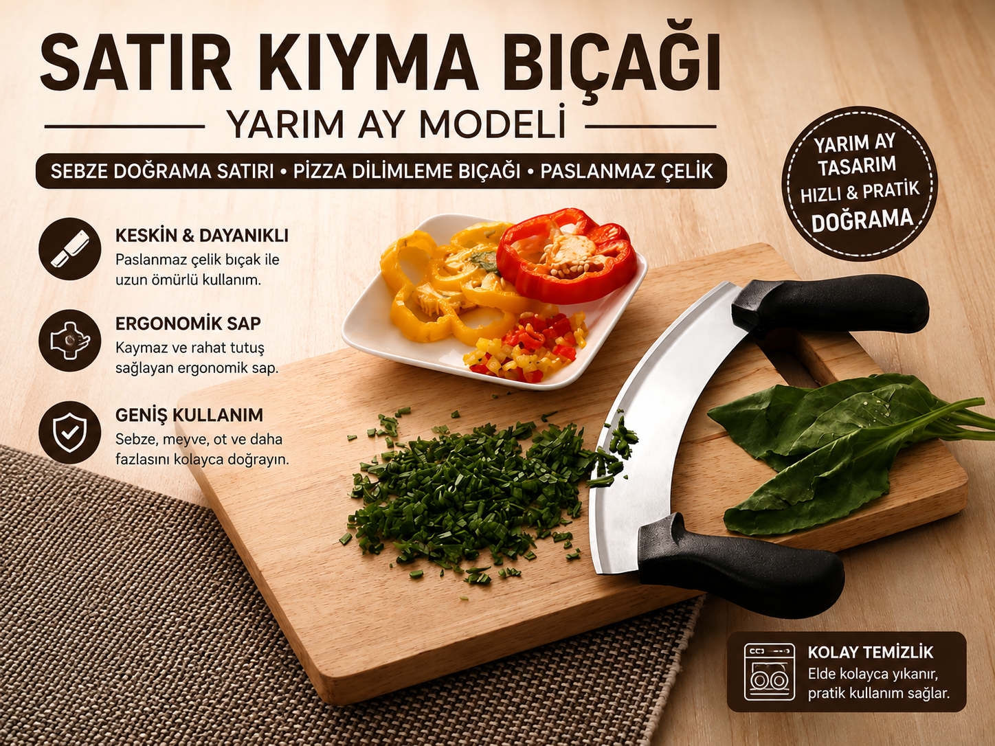 Satır Kıyma Bıçağı – Yarım Ay Modeli | Sebze Doğrama, Kıyma ve Pizza Dilimleme Bıçağı