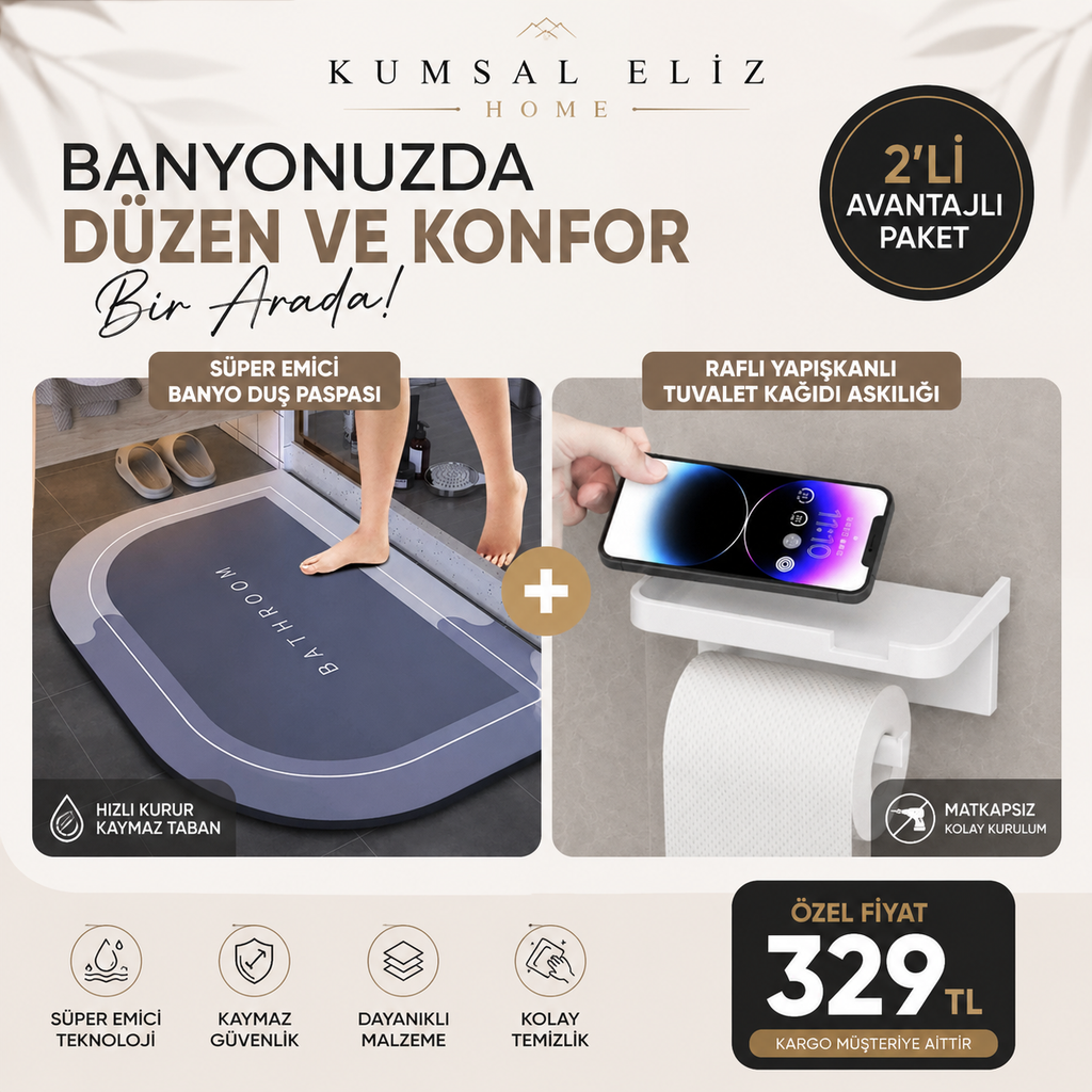 2’li Banyo Düzen ve Konfor Paketi – Duş Paspası + Raflı Tuvalet Kağıdı Askılığı