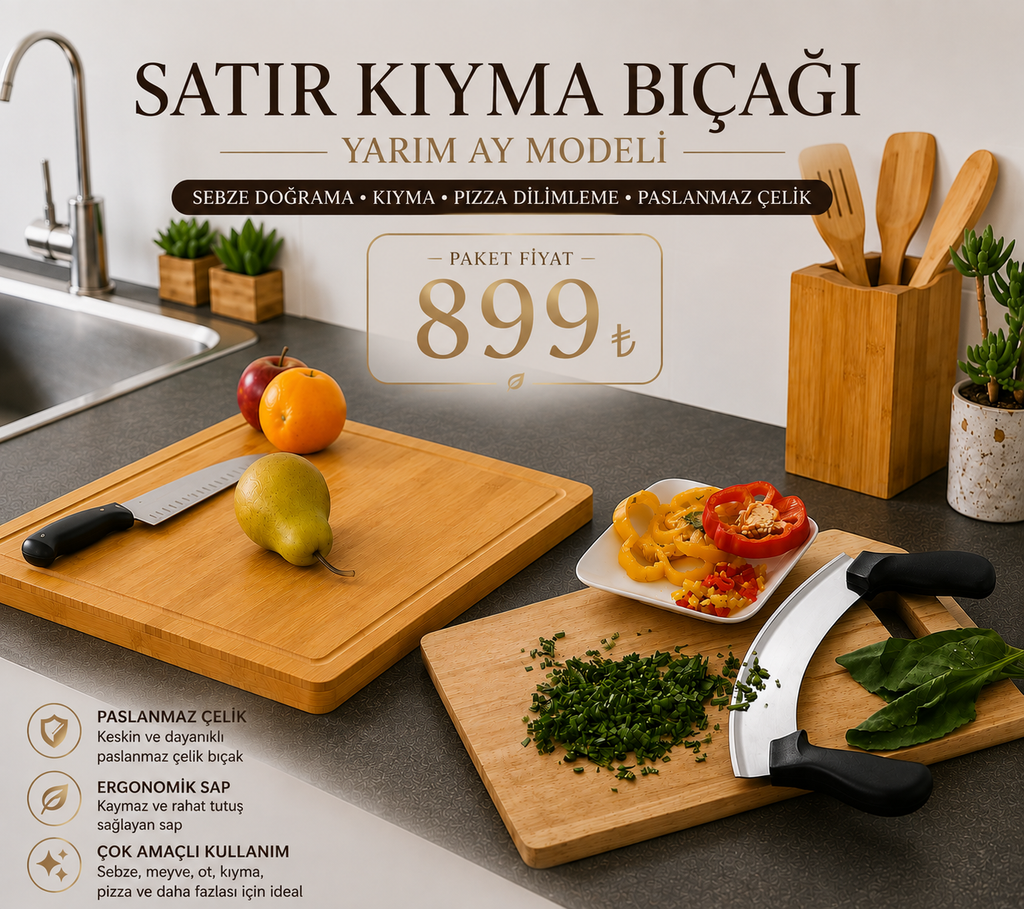 Satır Bıçağı + Ahşap Kesme Tahtası Mutfak Seti