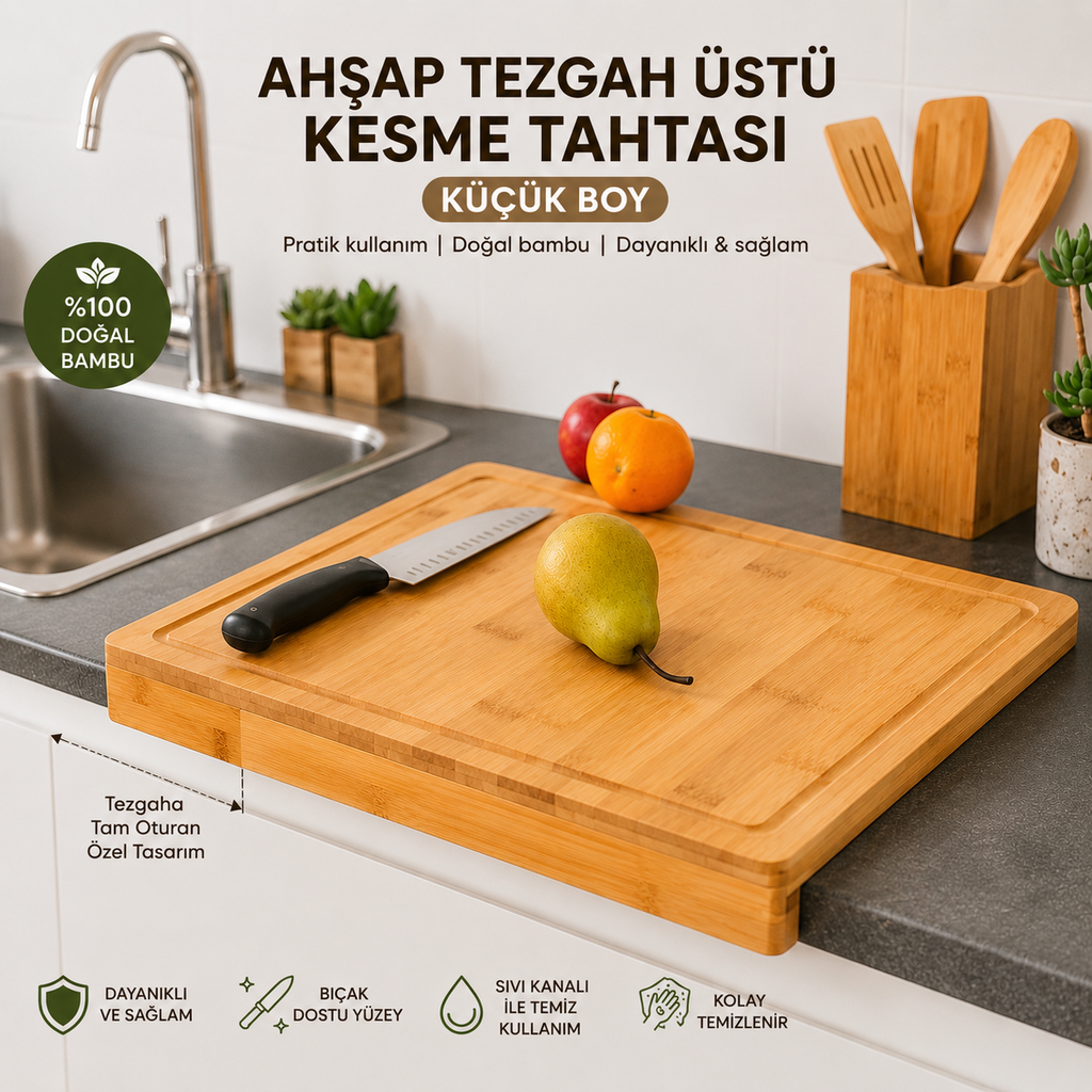 Ahşap Kesme Tahtası Küçük Boy – Tezgâh Üstü Bambu Doğrama Tahtası