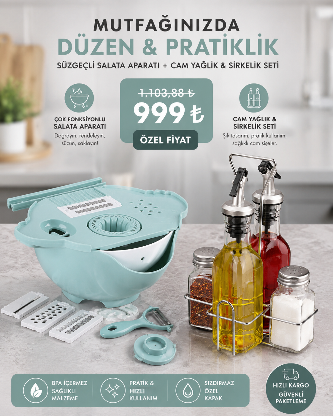 Çok Fonksiyonlu Salata Doğrayıcı Kase & Cam Yağlık Sirkelik Seti – Mutfak Hazırlık ve Düzen Seti