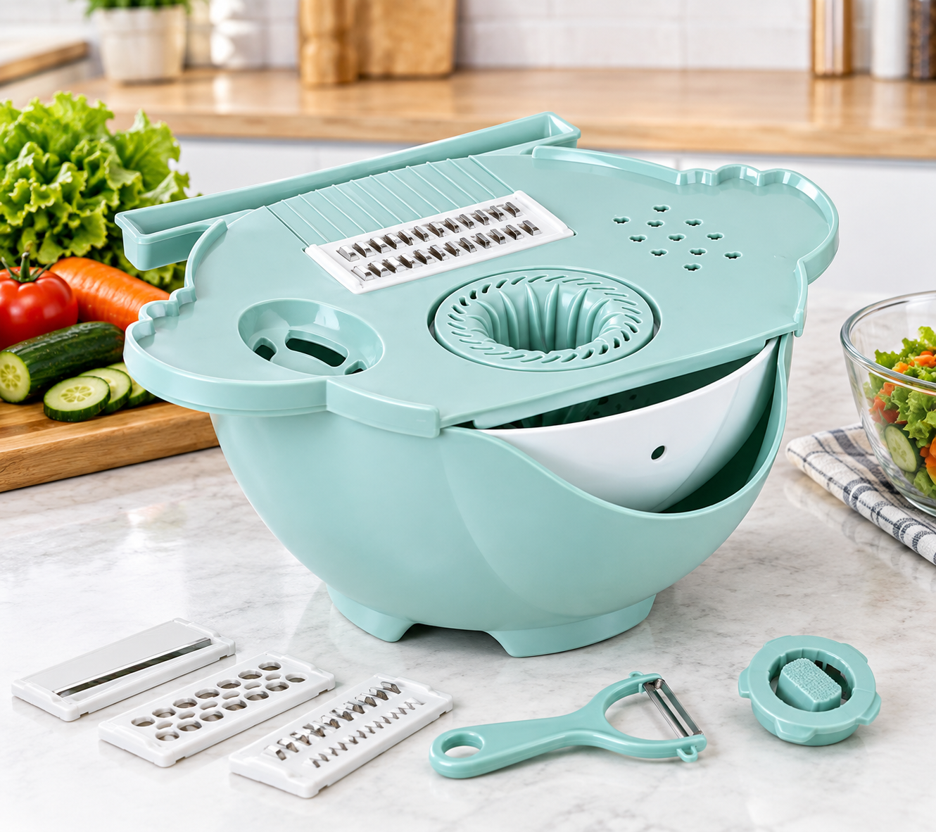 Çok Fonksiyonlu Salata Doğrayıcı Kase & Cam Yağlık Sirkelik Seti – Mutfak Hazırlık ve Düzen Seti