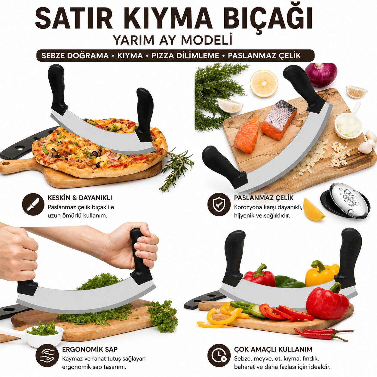 Satır Kıyma Bıçağı – Yarım Ay Modeli | Sebze Doğrama, Kıyma ve Pizza Dilimleme Bıçağı