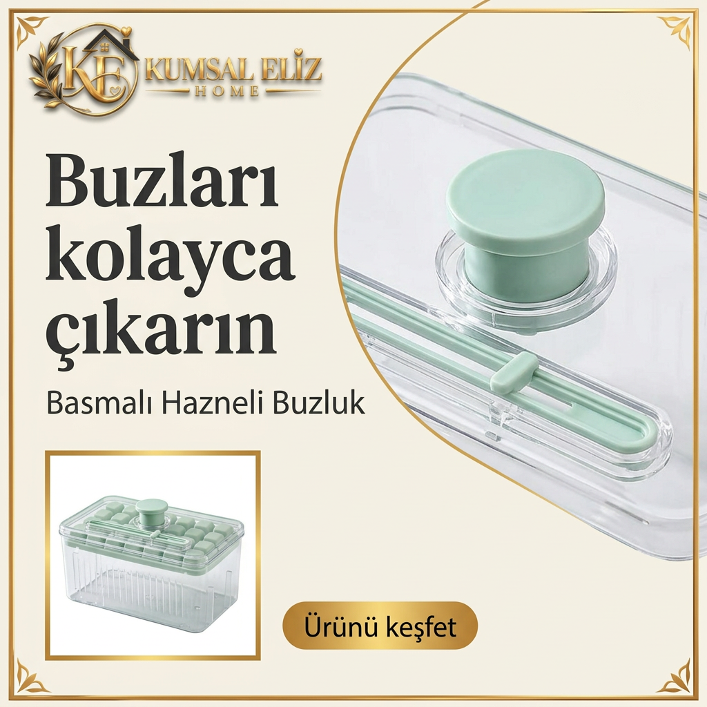 Basmalı hazneli buzluğun basma düğmesini gösteren tanıtım görseli
