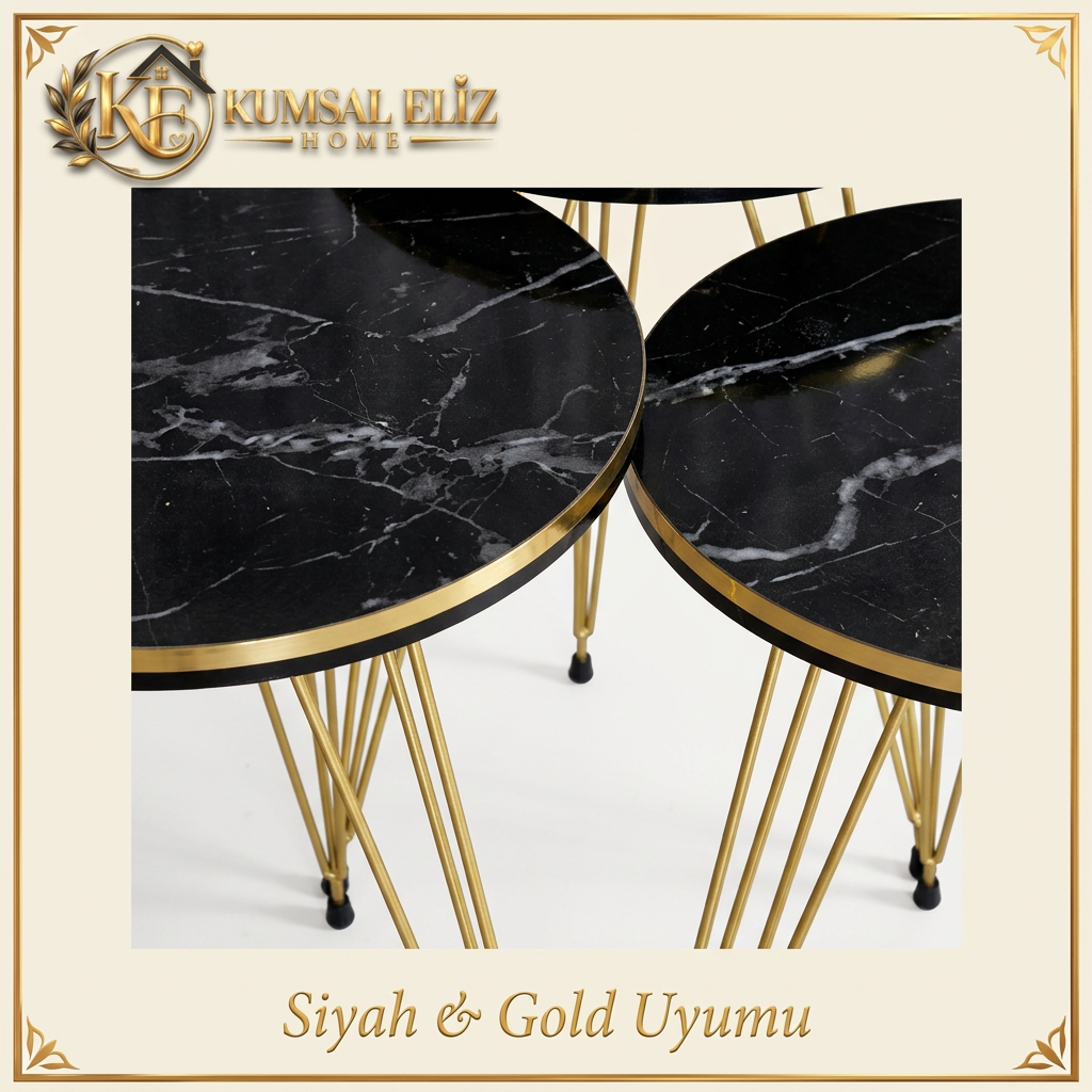 Zigon sehpanın siyah mermer desenli tablası ve gold kenar detayı