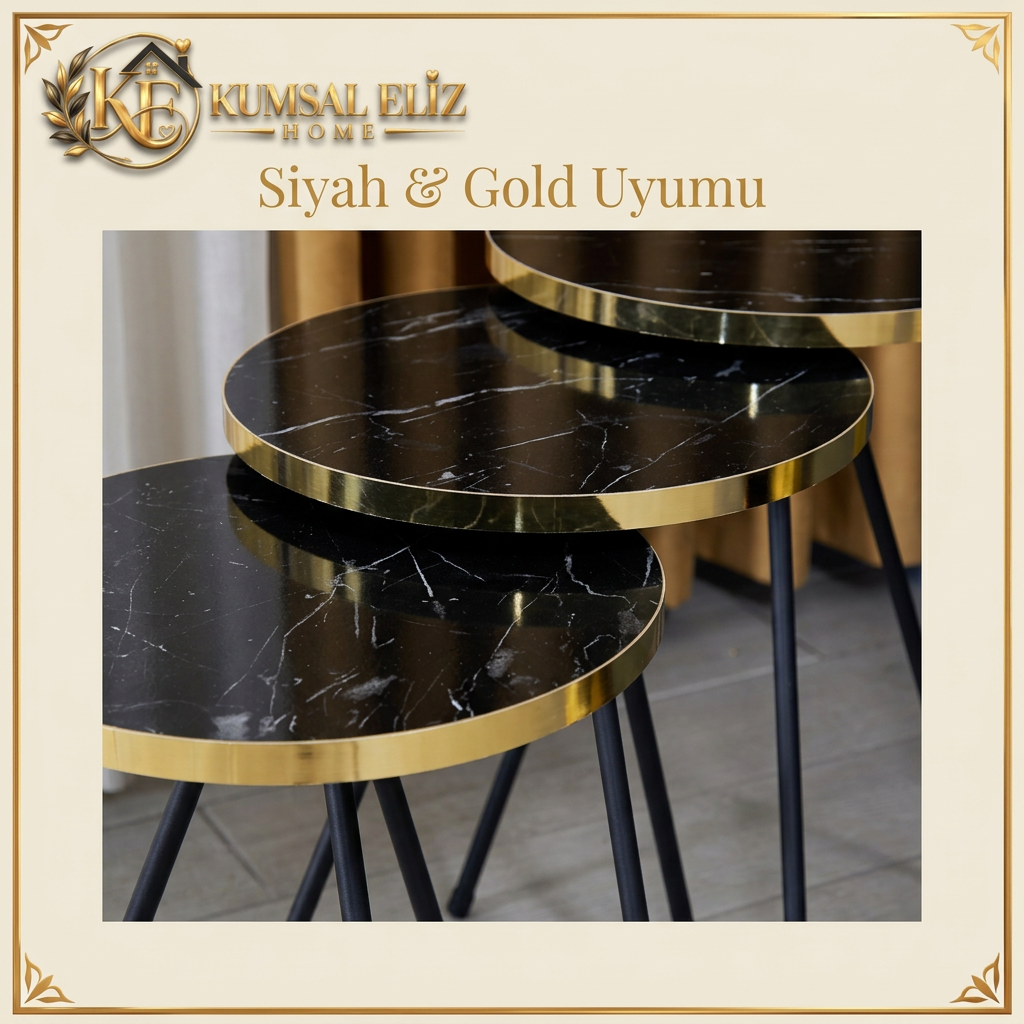 Zigon sehpanın siyah mermer desenli tablası ve gold kenar detayı