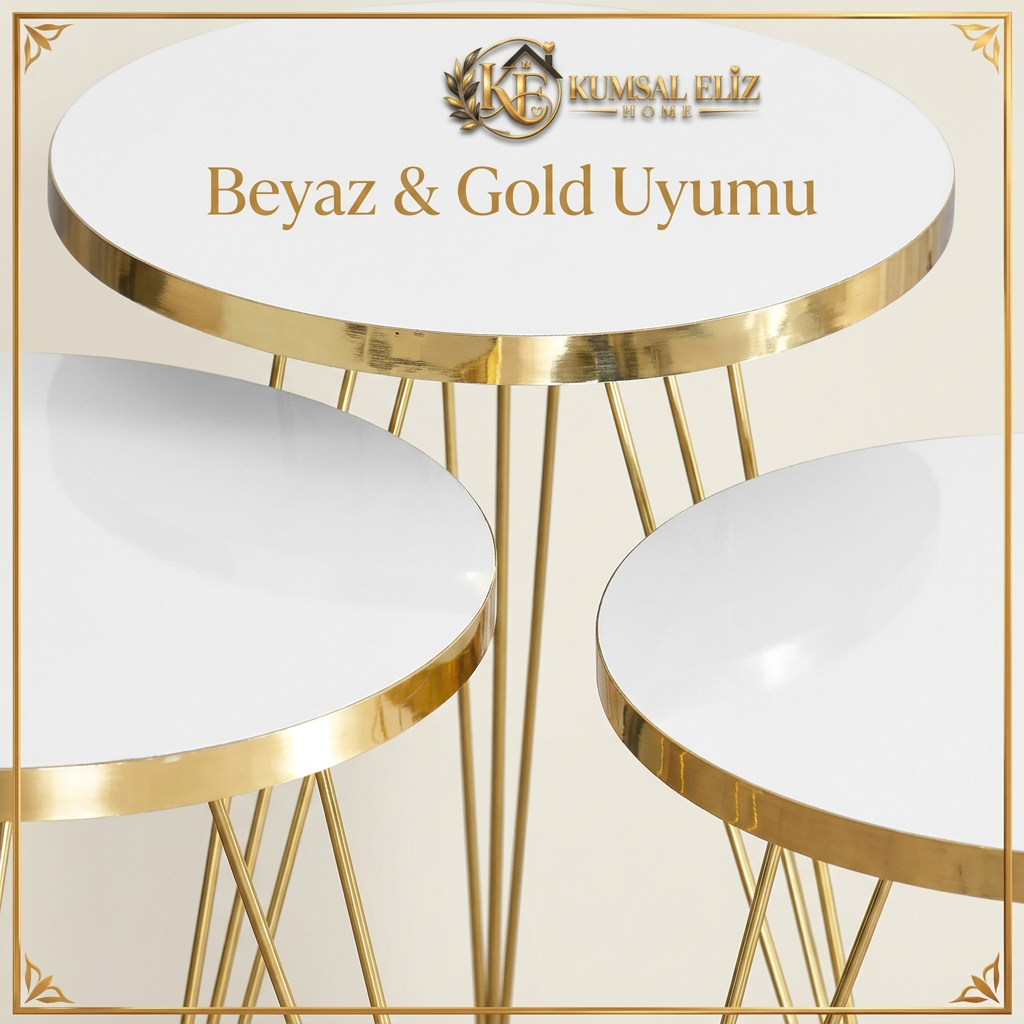 Zigon sehpanın düz beyaz tablası ve gold kenar detayı