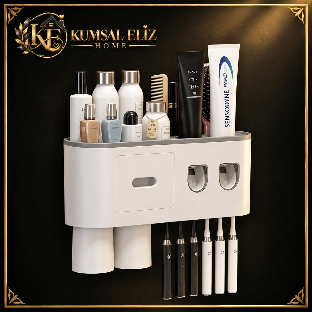 Çift Dispenserli Diş Macunu Sıkacağı 6 Fırçalık Bardaklı Banyo Organizer ürün görseli