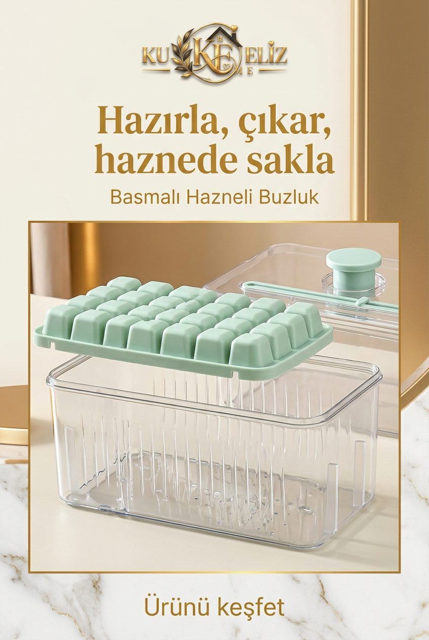 Mint yeşili buz kalıbı ve şeffaf saklama haznesini gösteren tanıtım görseli