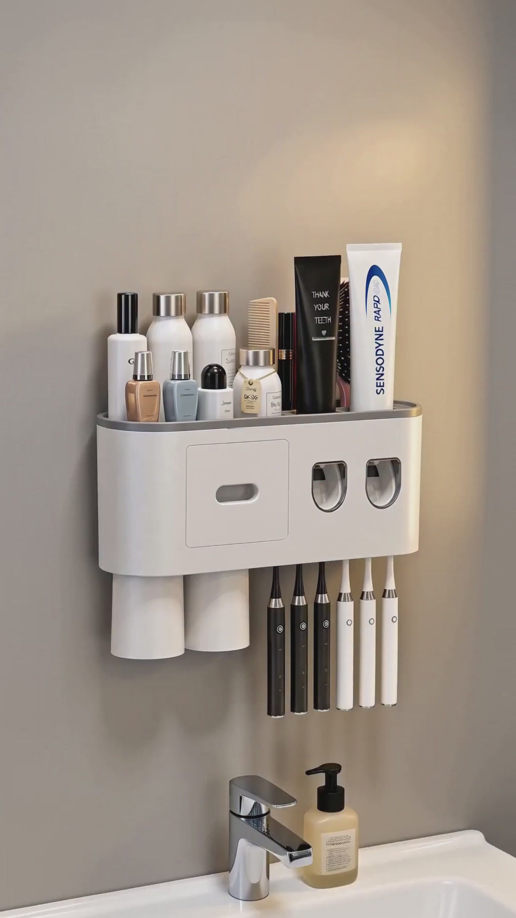Çift Dispenserli Diş Macunu Sıkacağı 6 Fırçalık Bardaklı Banyo Organizer