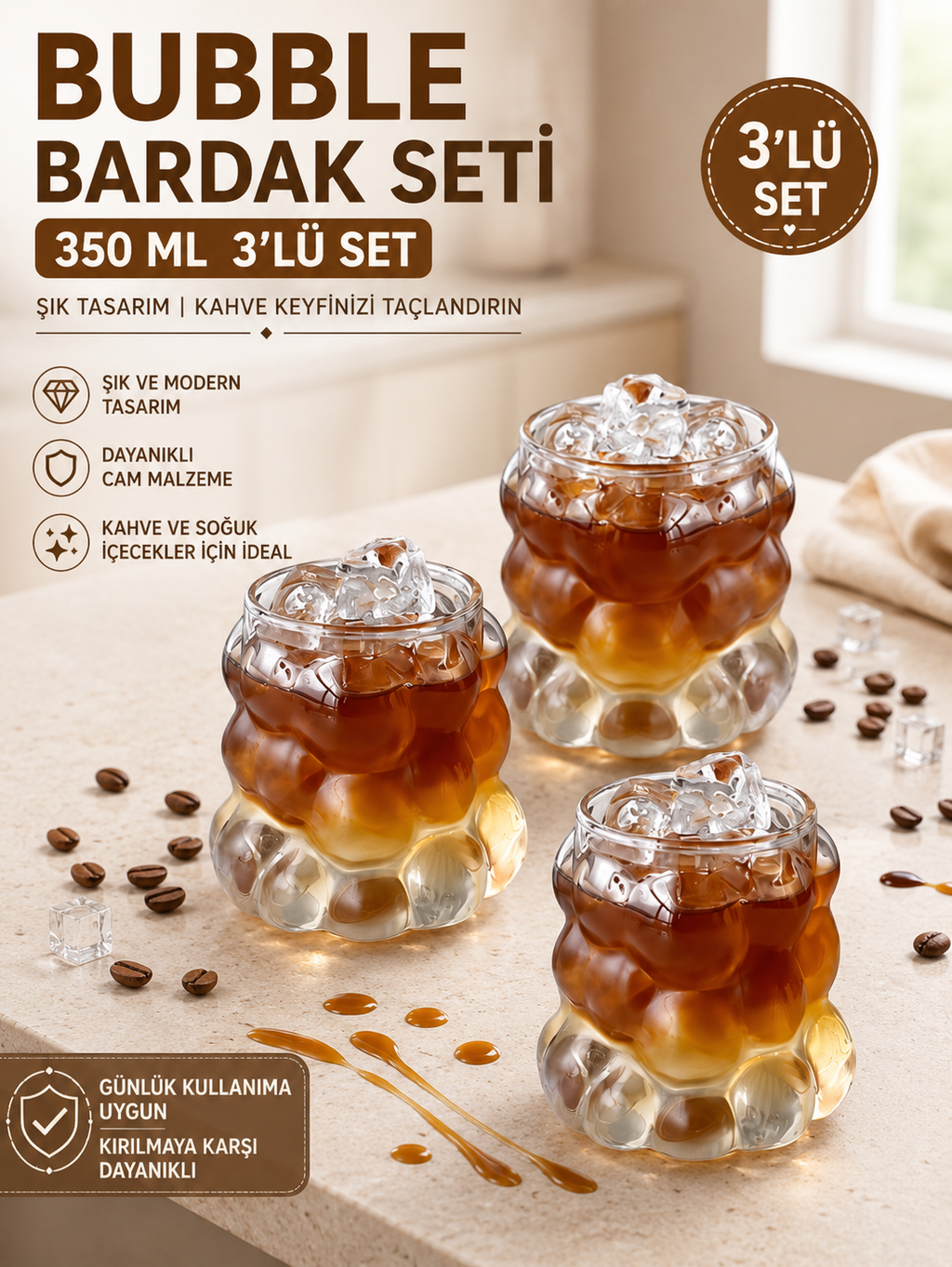 Paçi Bubble 350 ml 3'lü Yeni Nesil Latte ve Meşrubat Bardağı