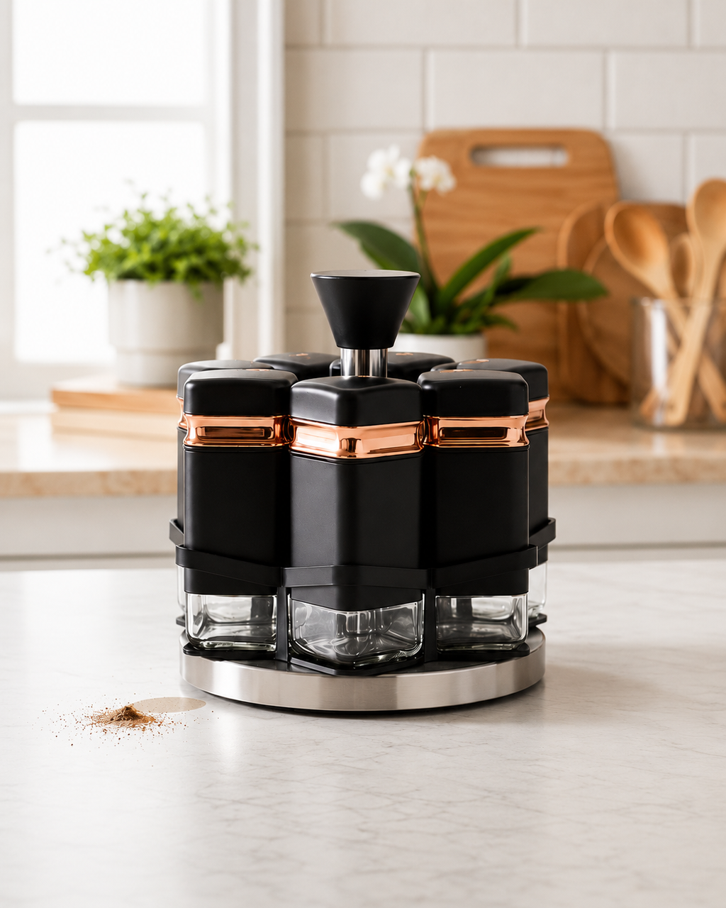 Fiona Premium Siyah & Bakır 360° Döner Standlı Baharat Takımı