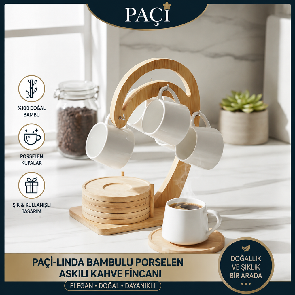 Paçi Linda 6 Kişilik Bambu Stantlı Askılı Porselen Kahve Fincan Seti