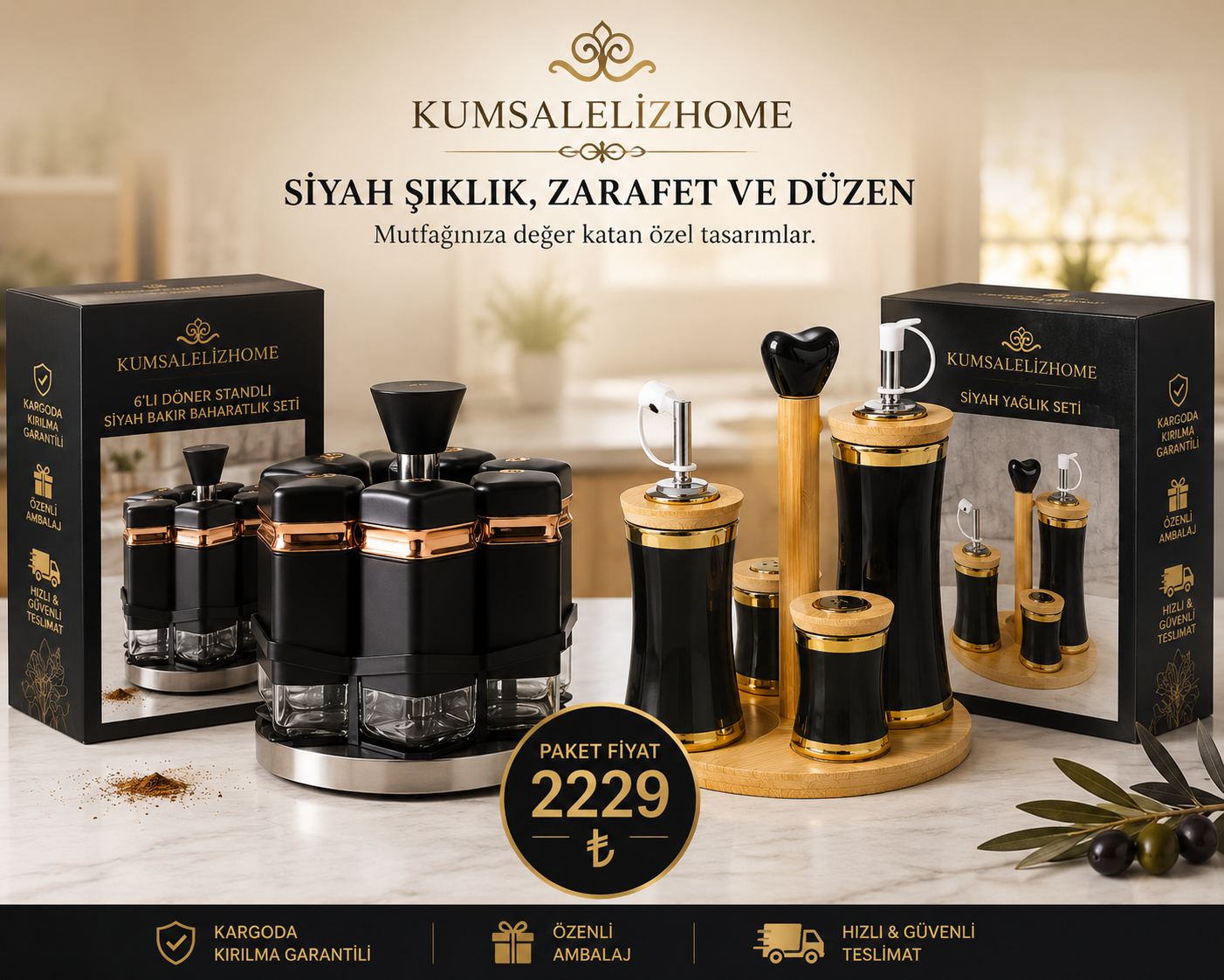 Kumsalelizhome Siyah Şıklık 2'li Çeyiz Paketi - 6'li Döner Baharatlık & 3'lü Seramik Yağlık Seti