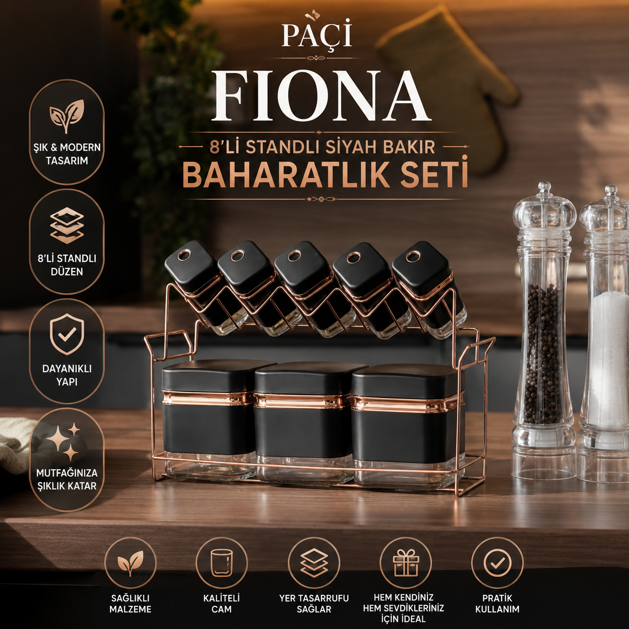 Paçi Fiona 8 Parça Standlı Siyah & Bakır Cam Baharatlık Seti