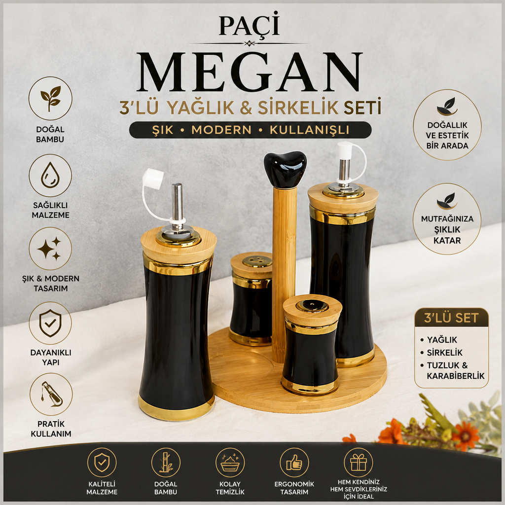 Paçi Megan 3 Parça Bambu Standlı Lüks Seramik Yağlık Sirkelik Seti
