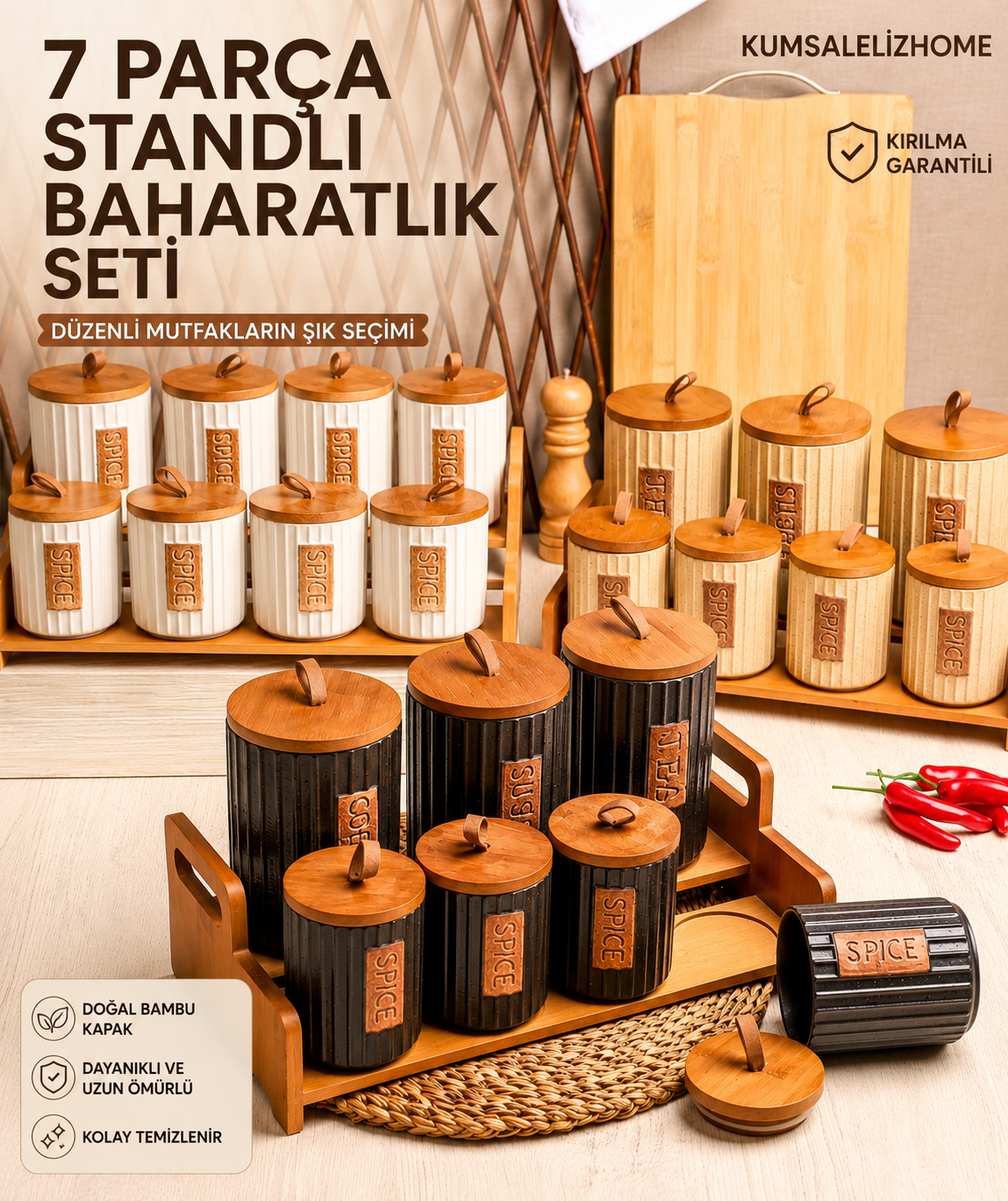 Paçi Laura 7'li Ahşap Standlı Çizgili Porselen Baharatlık Seti