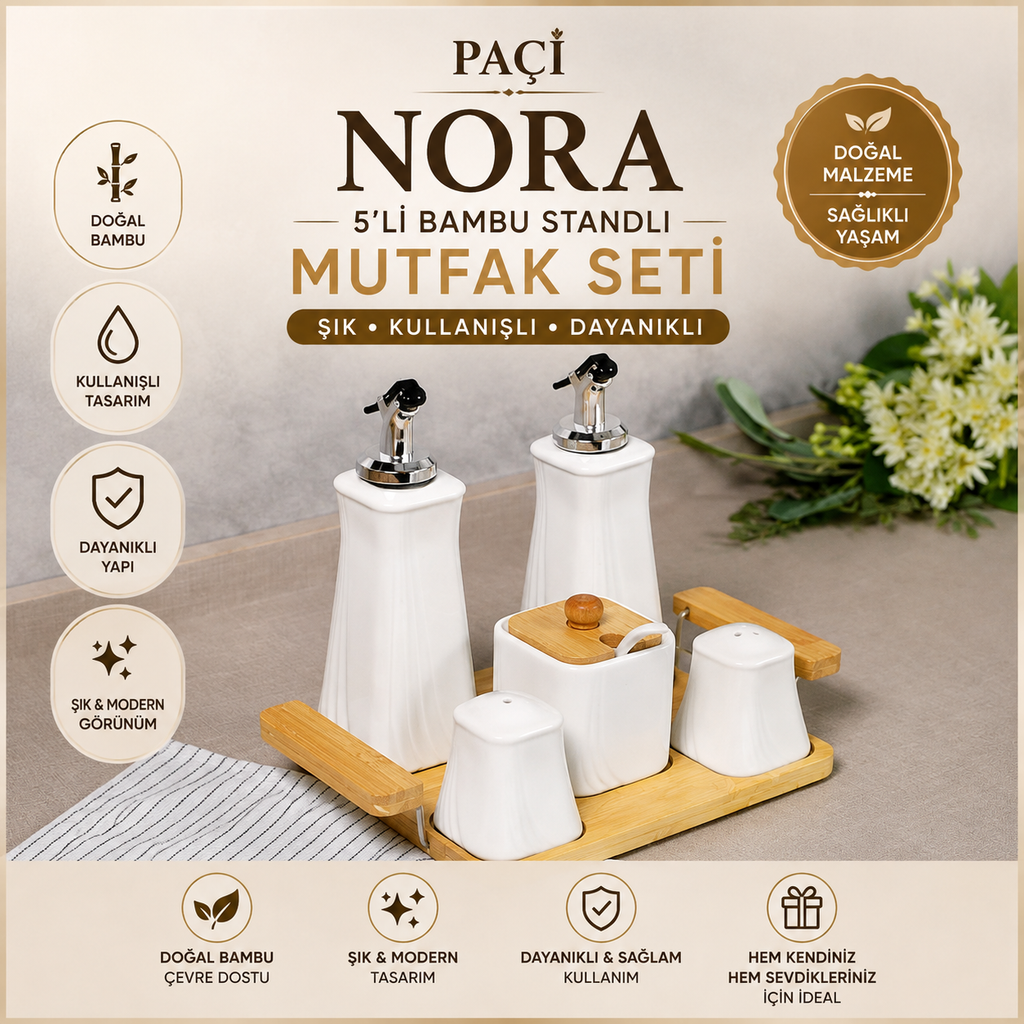 Paçi Nora Lüks Porselen Bambu Standlı 5'li Mutfak Takımı (Beyaz)